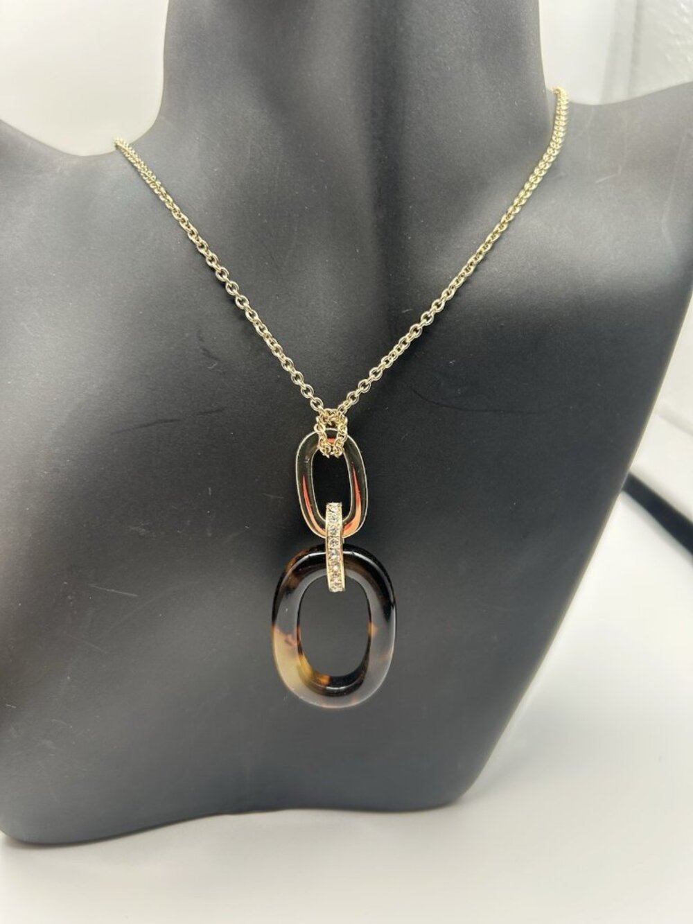 Ralph Lauren Gold Tone Faux Tortoise Crystal Link Pendant Chain, New With Tags